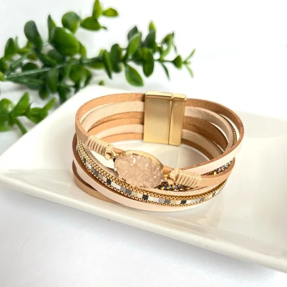 Boho Quartz Leather Wrap Twist Bracelet - Picture 1 of 8